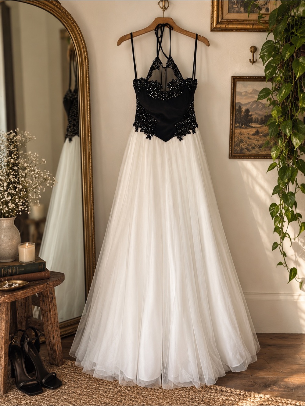 Blondie Nites Black Sequin Halter Bodice White Tulle Prom Dress
